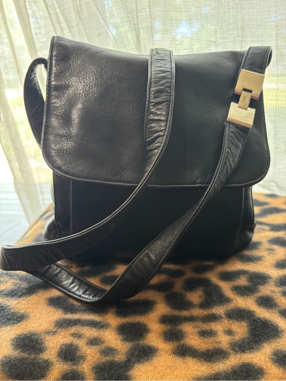 Liz Claiborne Black Leather Crossbody Bag with Gold Accent